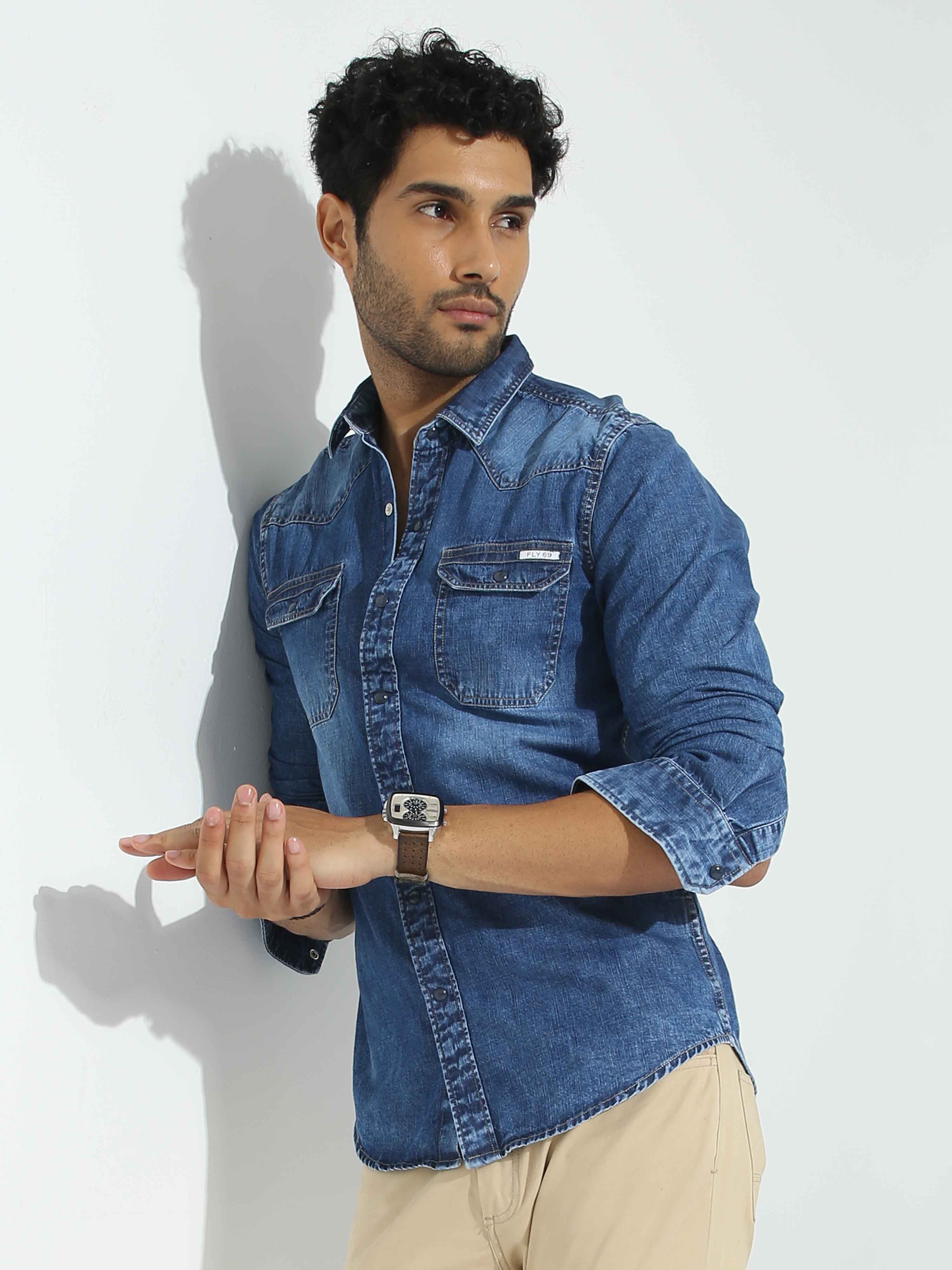 Shop cool and comfortable blue denim shirt men at great price – Fly69